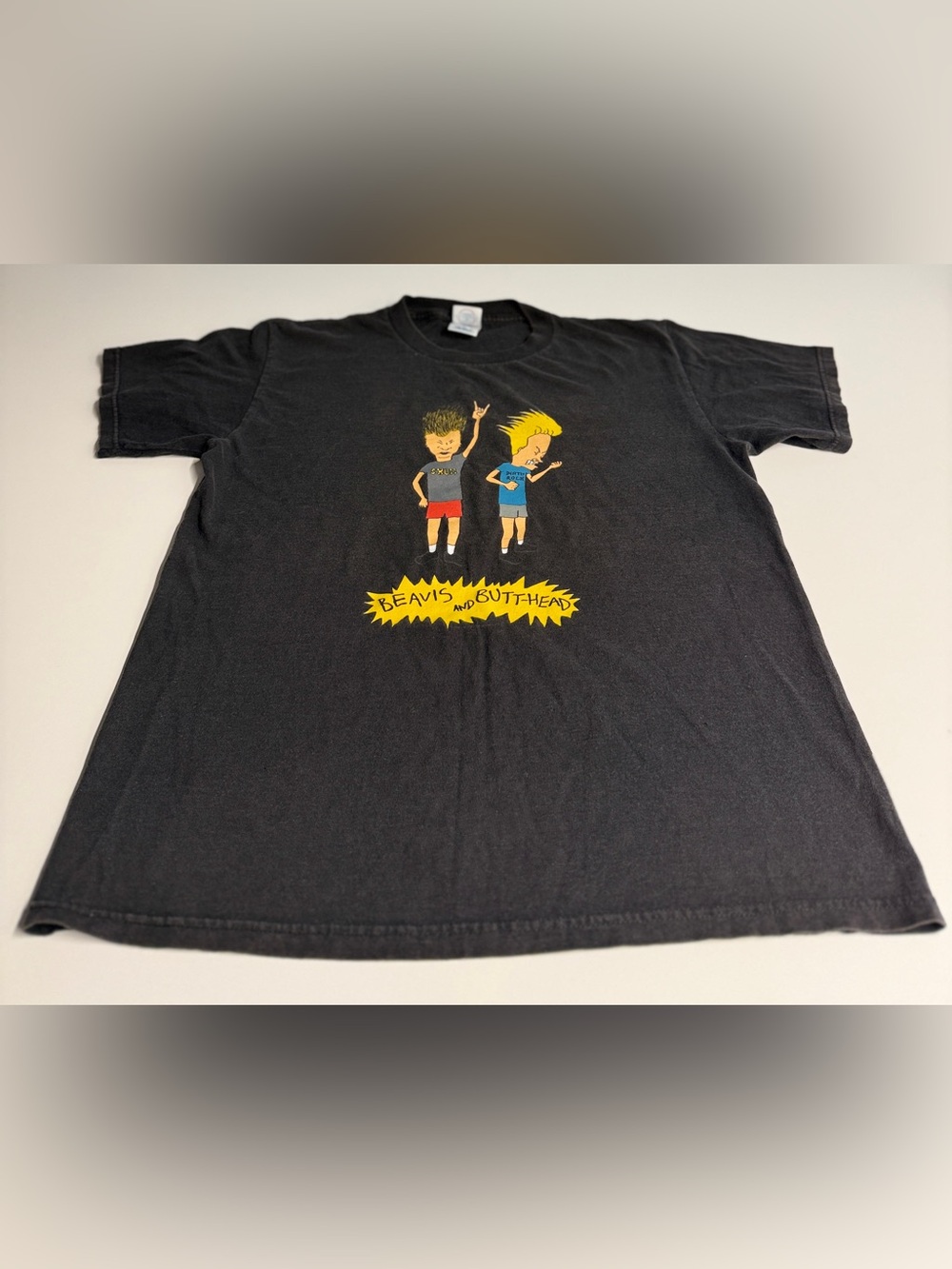 Vintage Black Mens Beavis & Butthead Tee with Yellow, Red & Blue Print